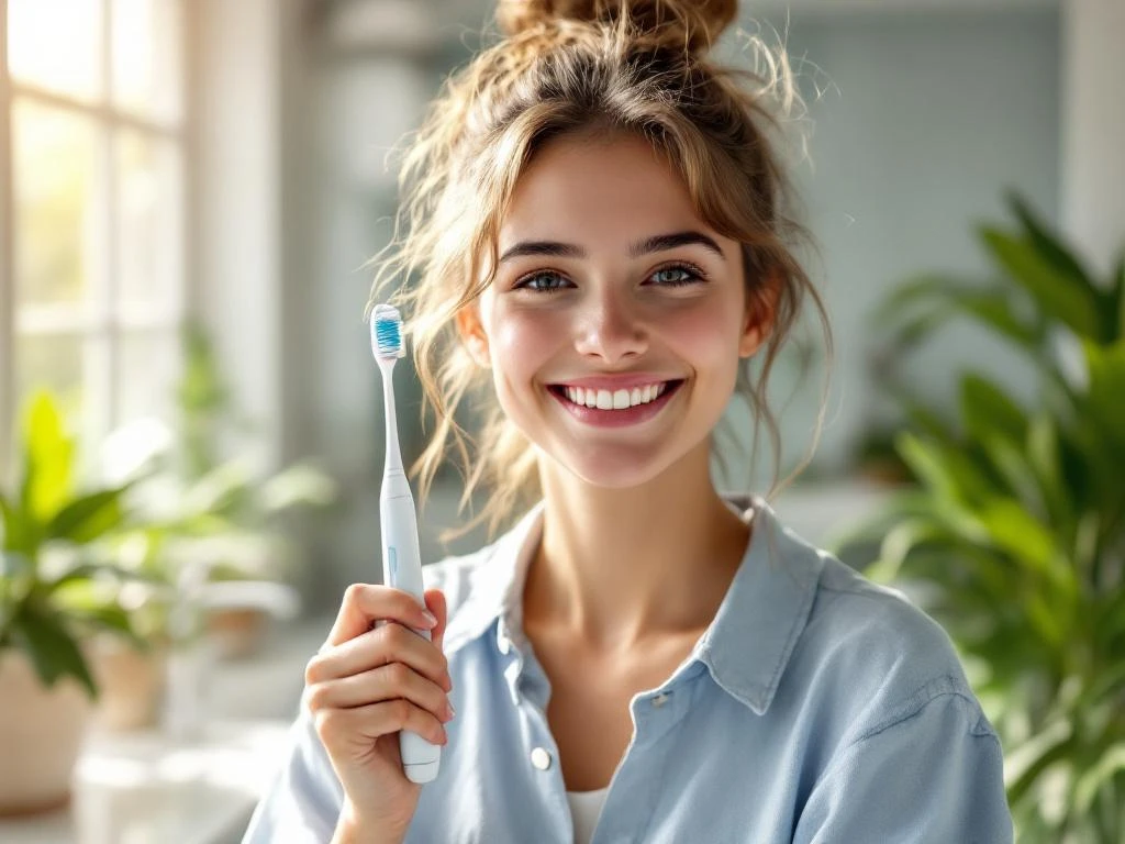 Jonge persoon met zelfverzekerde glimlach houdt tandenborstel vast in moderne badkamer met natuurlijk licht en planten