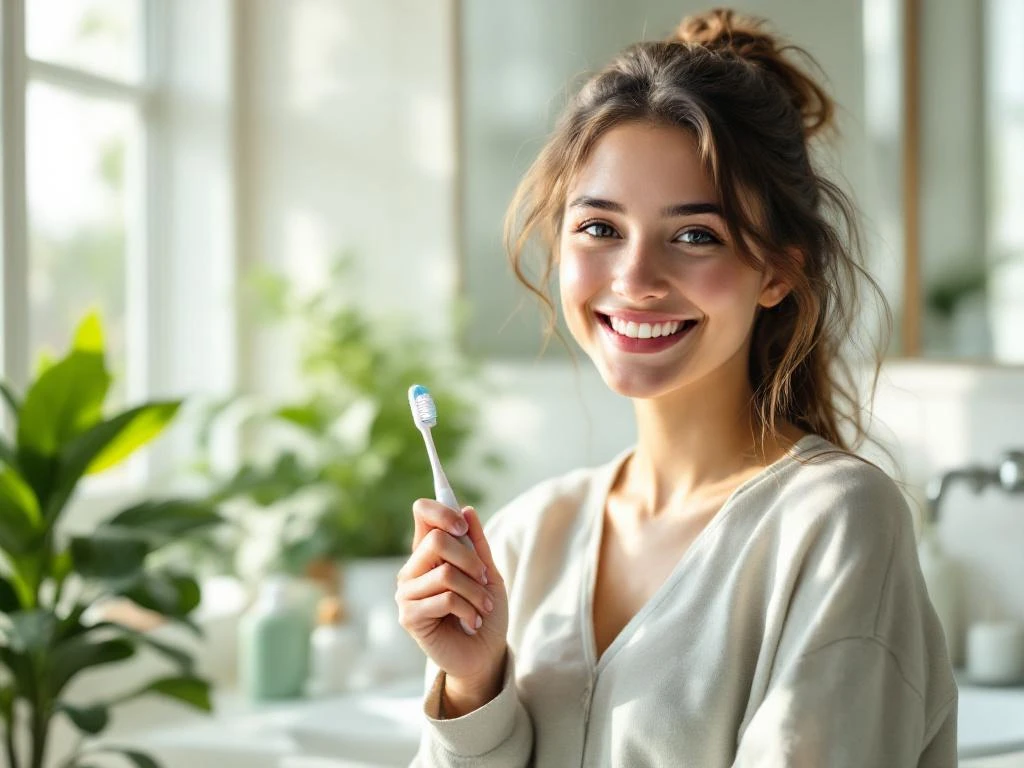 Jongere met tandenborstel lacht in moderne badkamer met natuurlijk licht en groene planten voor mondhygiëne