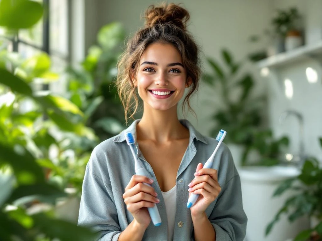 Jonge persoon met tandenborstel glimlacht zelfverzekerd in moderne badkamer met natuurlijk licht en groene planten