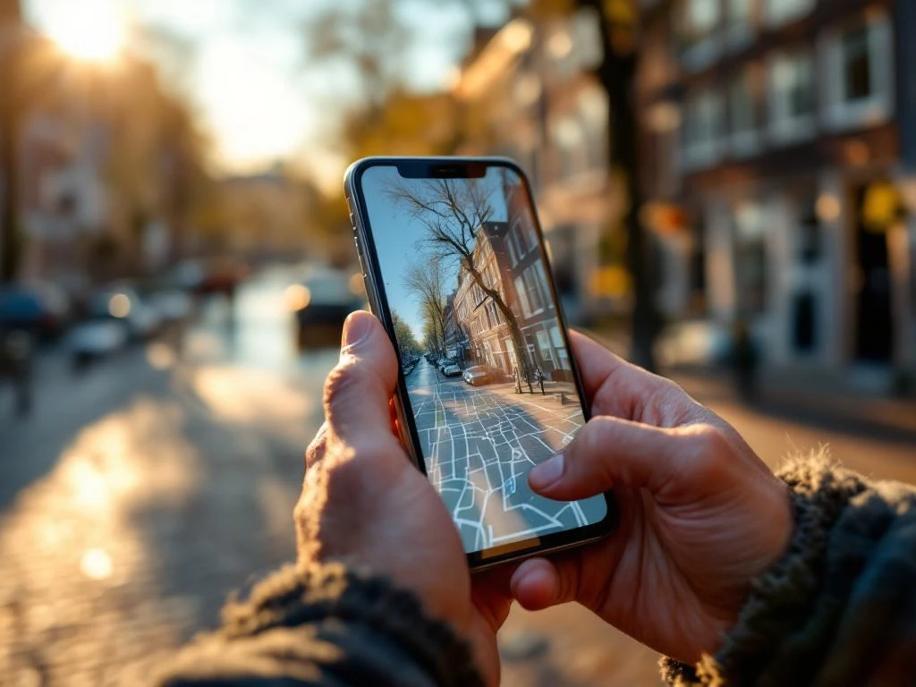 Handen houden smartphone met Amsterdam kaart, grachtenhuizen weerspiegeld in scherm tijdens gouden uur