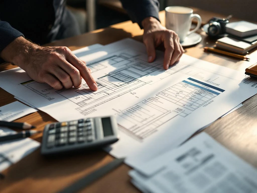 Architect houdt bouwplan vast naast rekenmachine met kosten, omringd door facturen en materiaalstalen op bureau