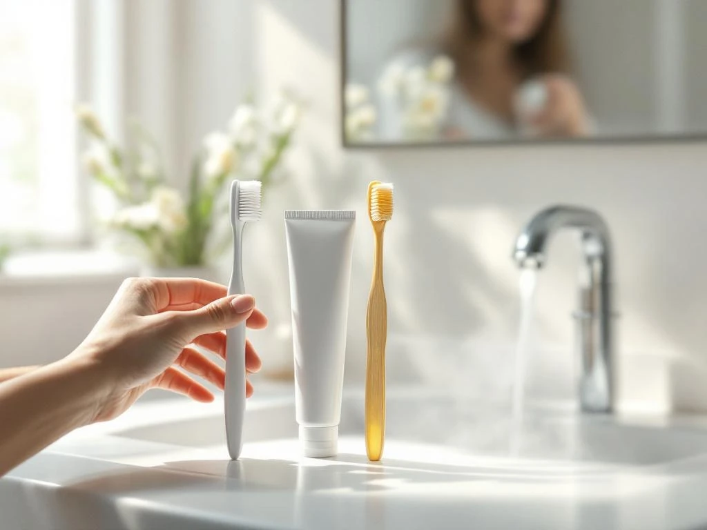 Twee tandenborstels op witte badkamer wastafel, één met witte tandpasta en één met natuurlijke tandpasta, handen reiken ernaar