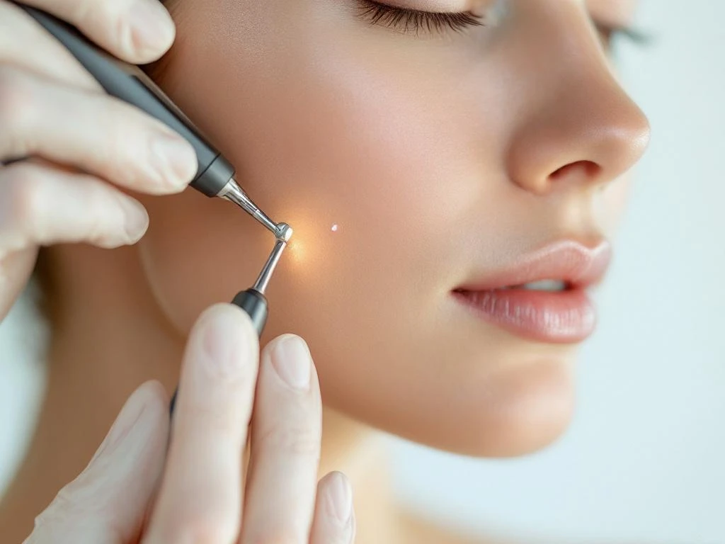 Dermatoloog behandelt kleine witte vlek op wang van patiënt met precies medisch instrument in professionele kliniek