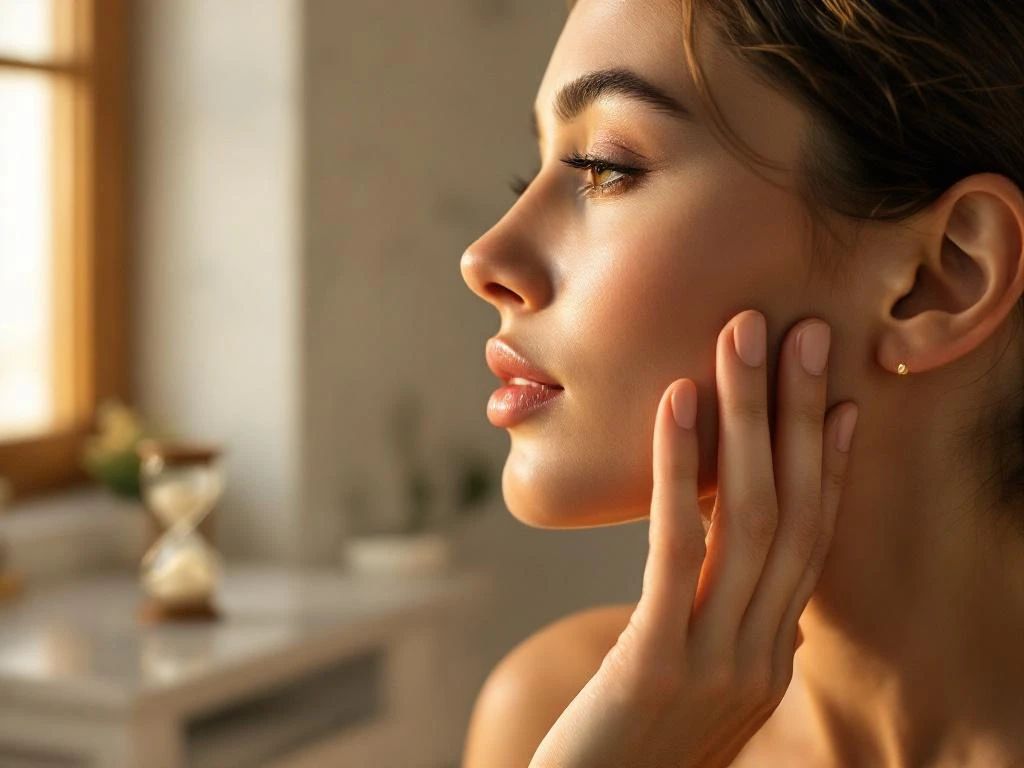 Persoon raakt gezicht aan met gladde, gerevitaliseerde huid in natuurlijk licht, zandloper op marmeren wastafel