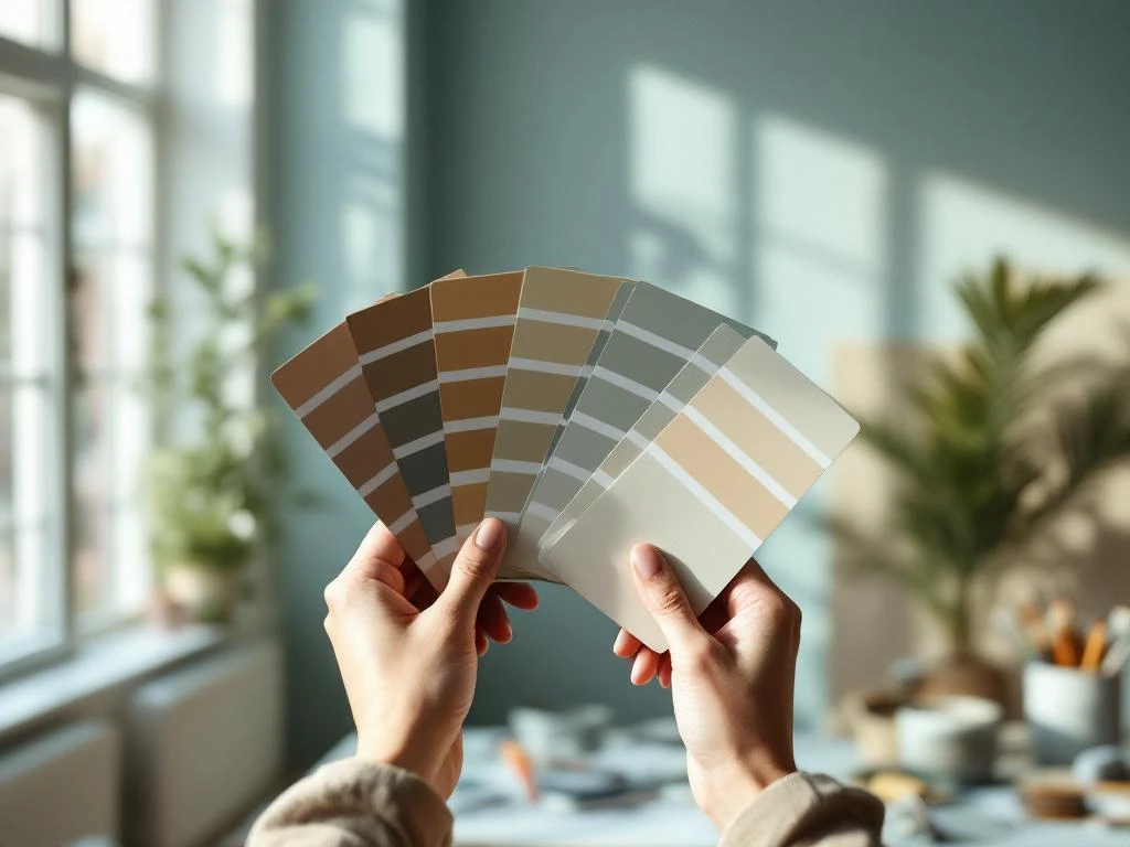 Interieurontwerper houdt verfkleurstalen vast tegen moderne woonkamermuur bij natuurlijk daglicht voor kleurkeuze