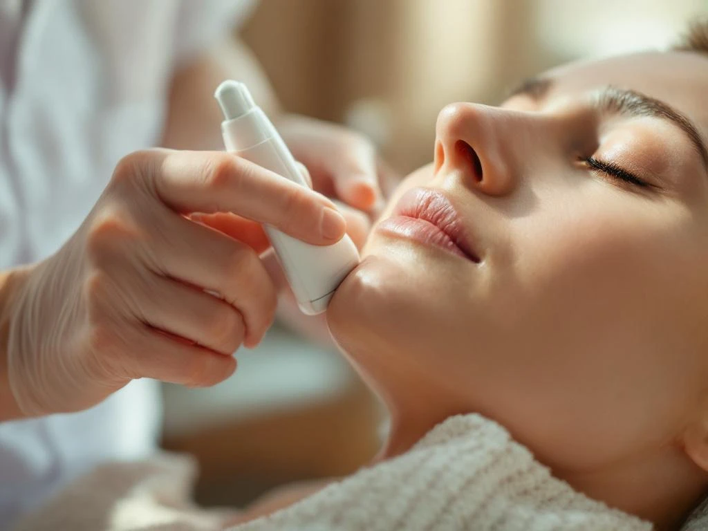 Medisch professional past zorgvuldig kleine medische apparaat toe op huid van ontspannen patiënt in rustige kliniek