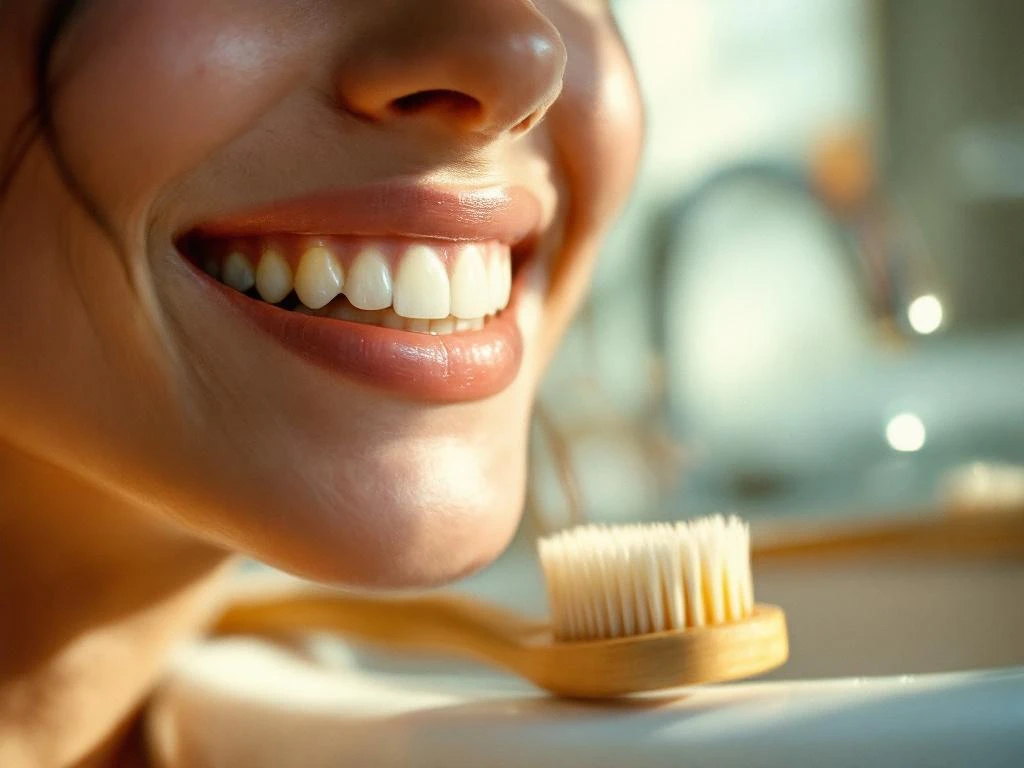 Persoon met natuurlijke glimlach en houten tandenborstel bij witte wastafel in ochtendlicht