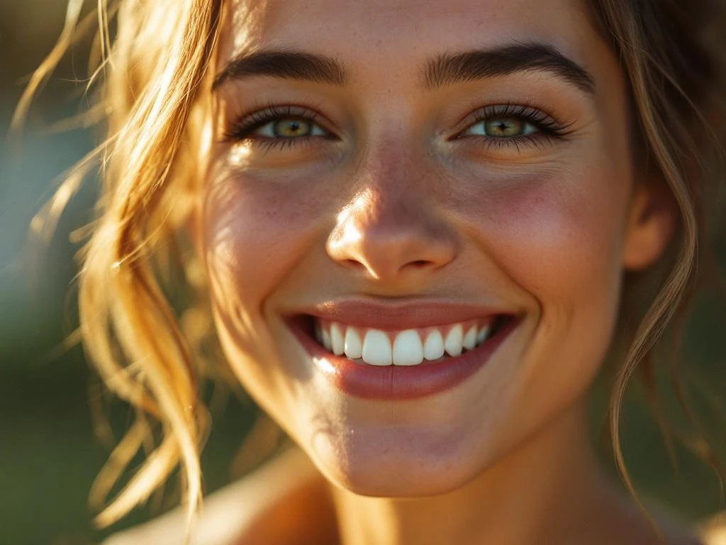 Persoon met stralende glimlach en witte tanden in warm gouden licht, natuurlijke huidtextuur zichtbaar