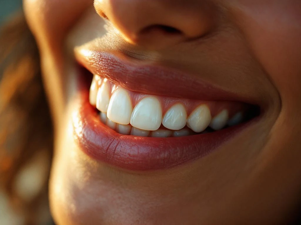 Persoon met stralende witte glimlach in warm gouden licht, close-up van natuurlijke tandtextuur en liptextuur