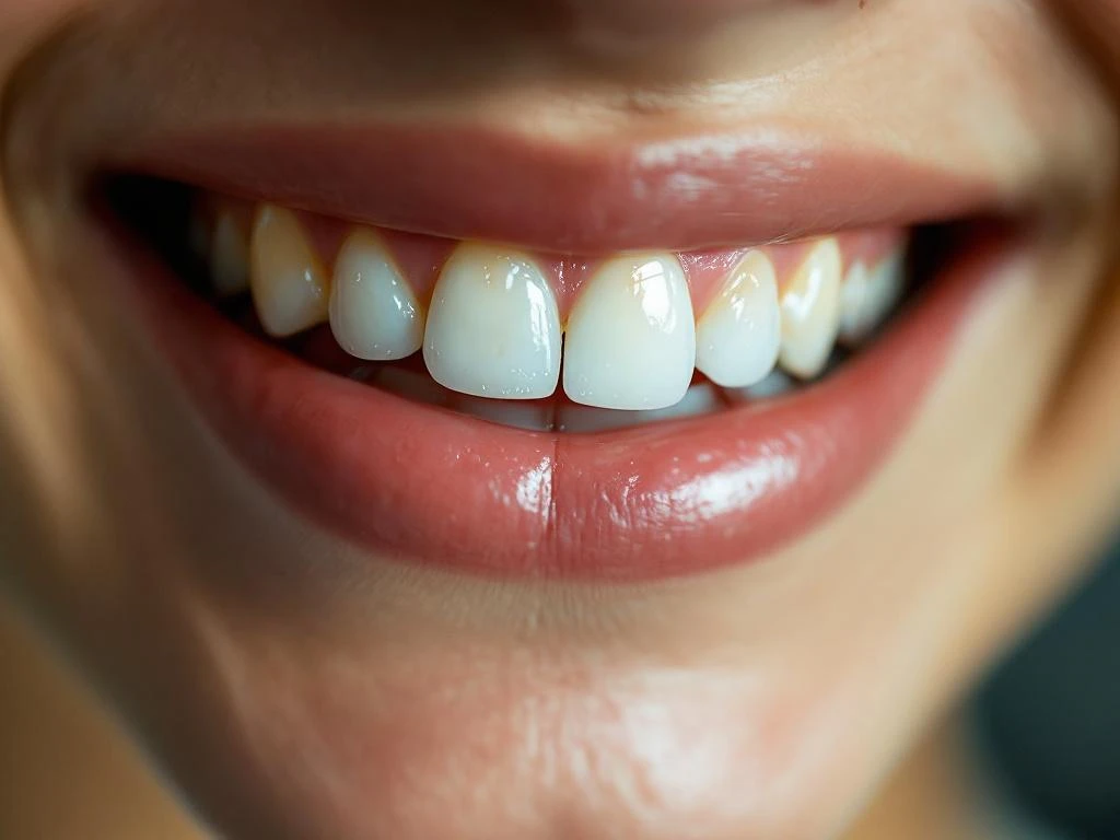 Persoon met oprechte glimlach toont natuurlijke tanden met witte vlekken op tandglazuur, zachte natuurlijke verlichting