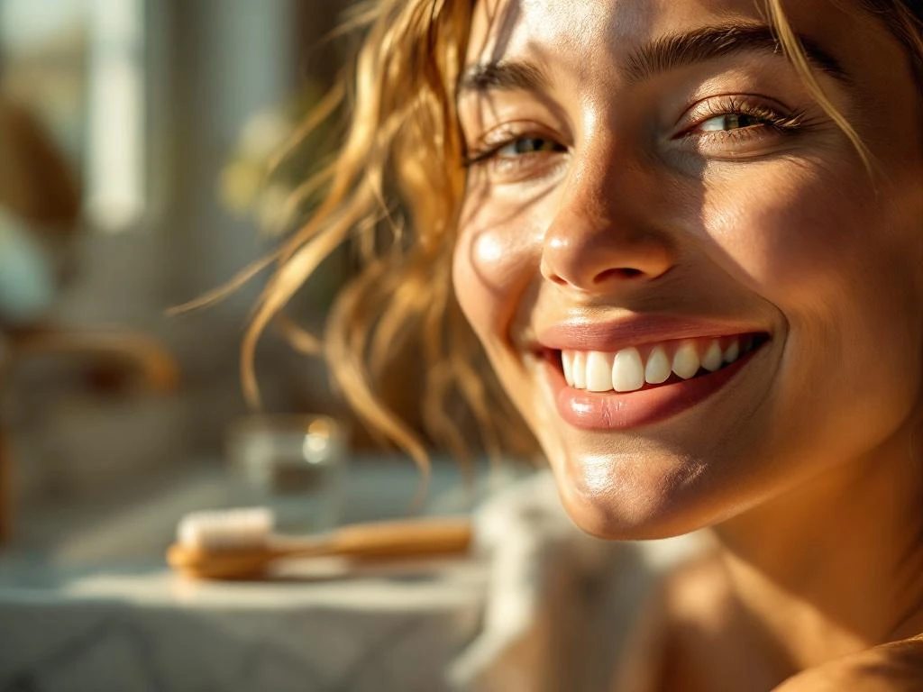 Persoon met stralende glimlach en witte tanden in zachte ochtendzon, houten tandenborstel op marmeren badkamertafel