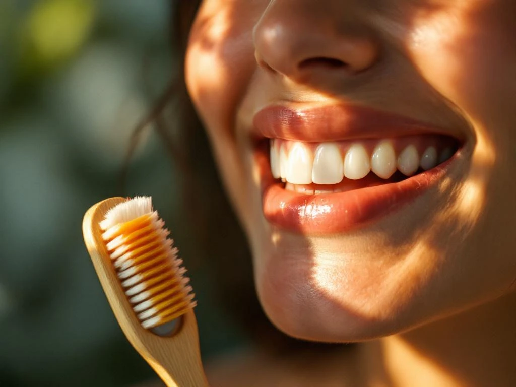 Persoon met natuurlijk witte tanden glimlacht, houten tandenborstel en natuurlijke tandverzorgingsproducten op spiegel