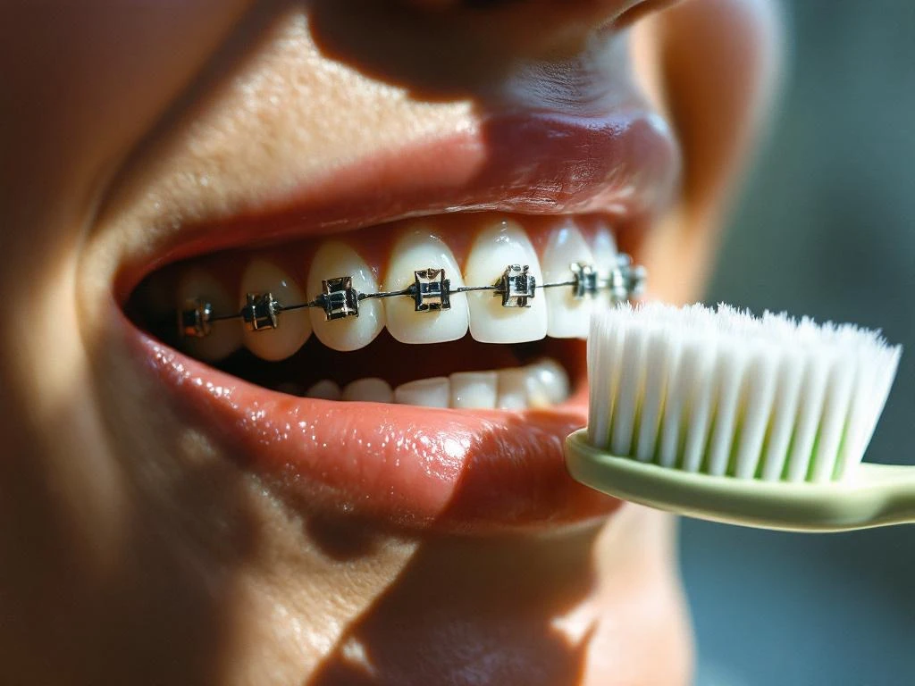 Persoon met een metalen beugel en witte vlekken op tanden houdt orthodontische tandenborstel in natuurlijk licht