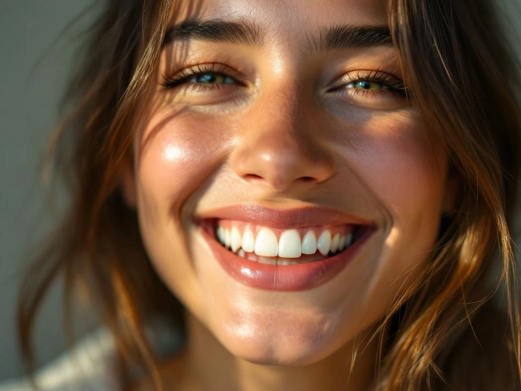 Portret van een persoon met een stralende glimlach en perfecte witte tanden, natuurlijke verlichting, neutrale achtergrond