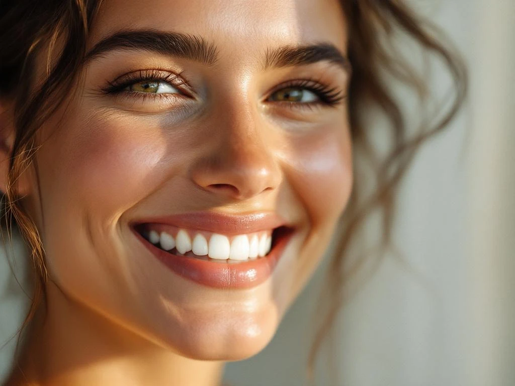 Vrouw met stralende glimlach en perfecte witte tanden, verlicht door natuurlijk licht met warme gloed