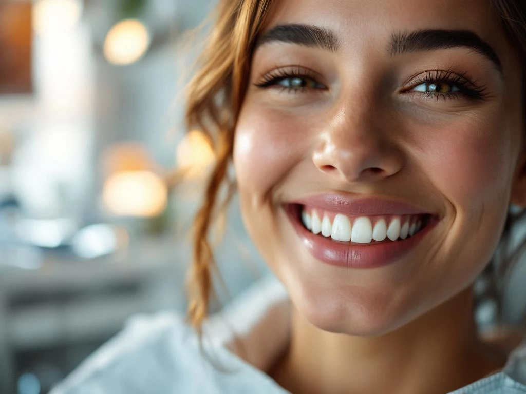 Stralende witte glimlach van patiënt in moderne tandartspraktijk met tandartsstoel en instrumenten op achtergrond