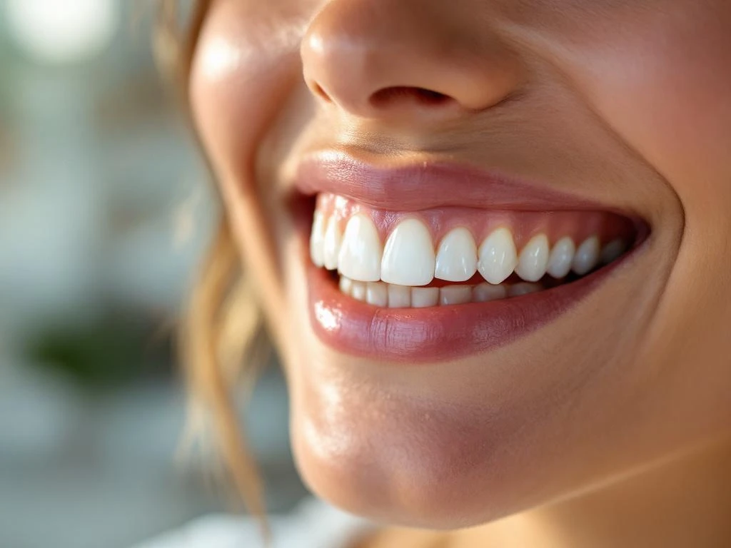 Persoon toont stralende witte glimlach met perfecte tanden in moderne tandartspraktijk na succesvolle behandeling