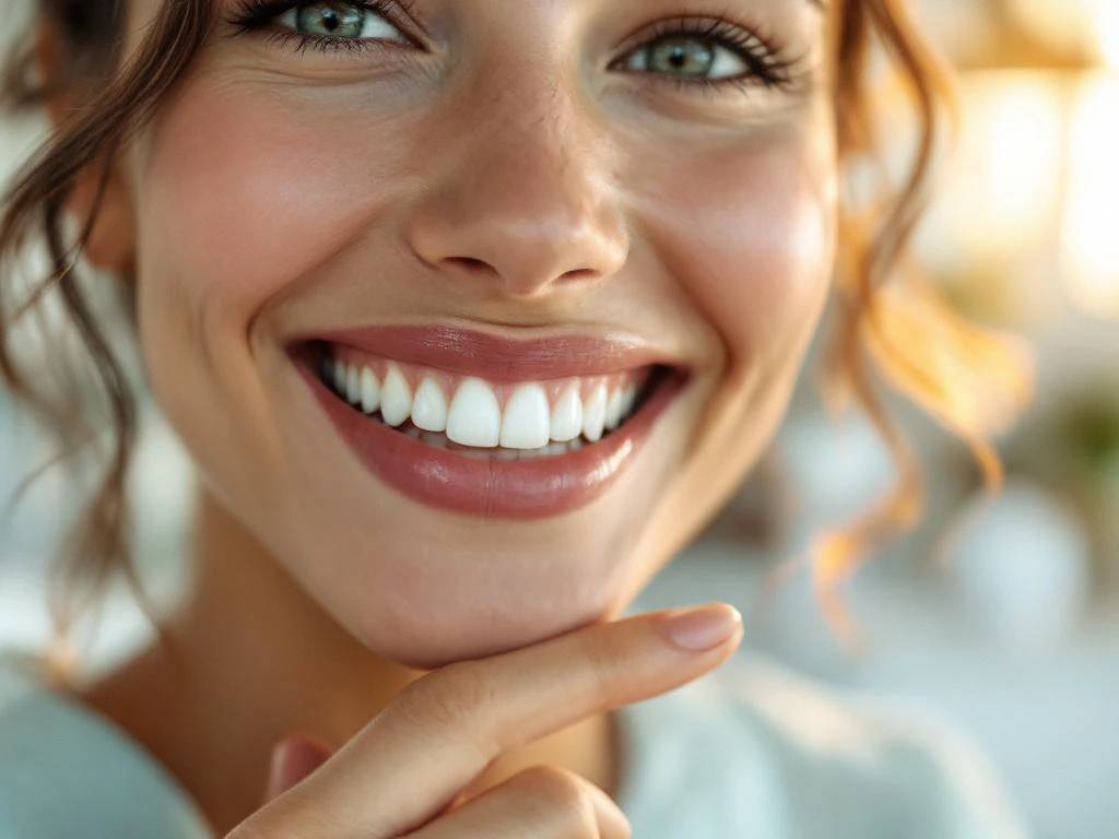 Persoon toont perfecte witte tanden met stralende glimlach in moderne tandartspraktijk met zachte verlichting