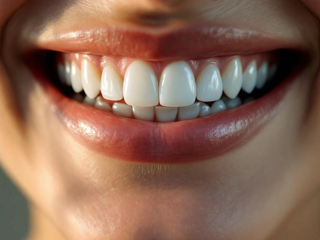 Perfecte witte glimlach met porselein veneers, natuurlijke verlichting benadrukt gezonde tanden en tandheelkunde