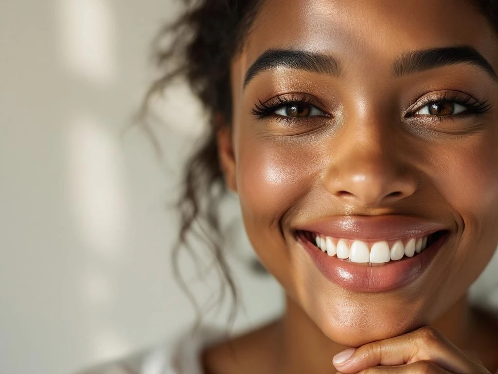 Persoon met doordachte glimlach en hand bij kin in contemplatieve pose, professionele headshot met natuurlijke belichting