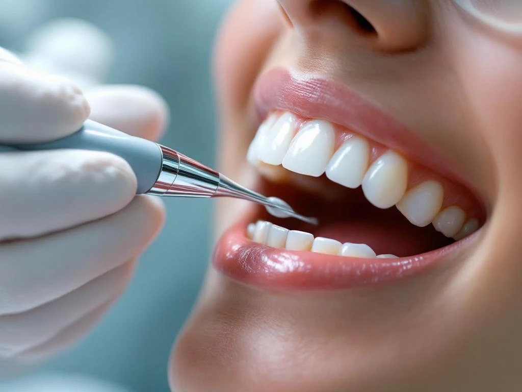 Tandarts met handschoenen houdt modern tandheelkundig instrument bij open mond met witte tanden in steriele kliniek