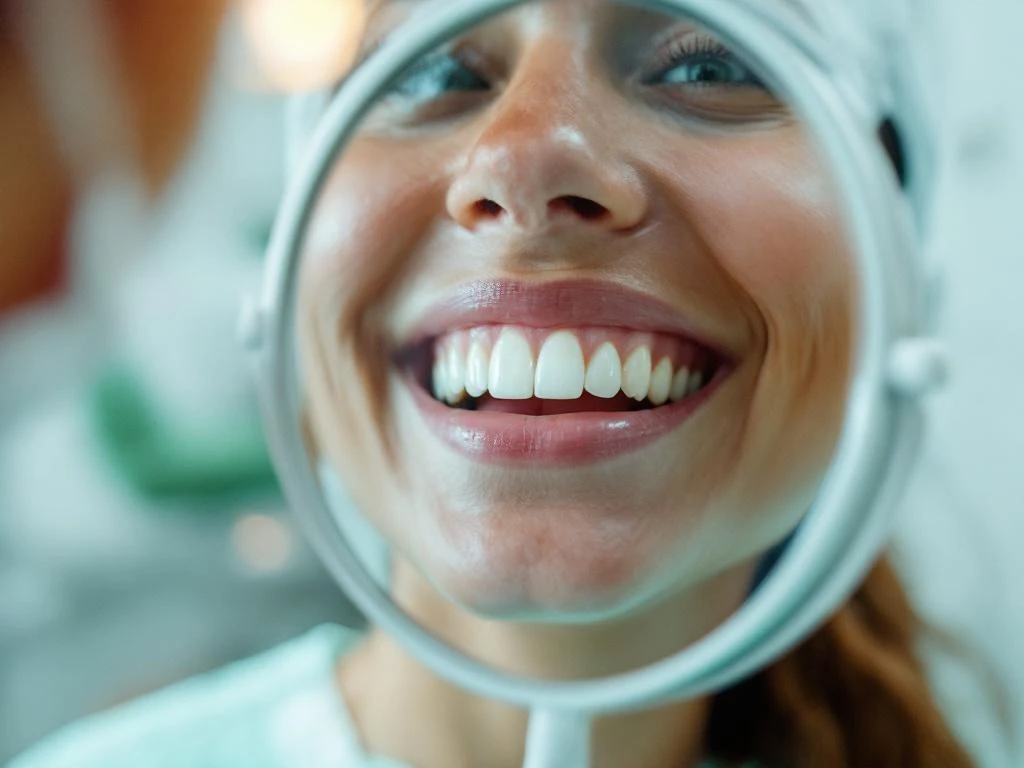 Patiënt met stralend witte glimlach tijdens tandheelkundige controle met tandartsspiegel in professionele praktijk