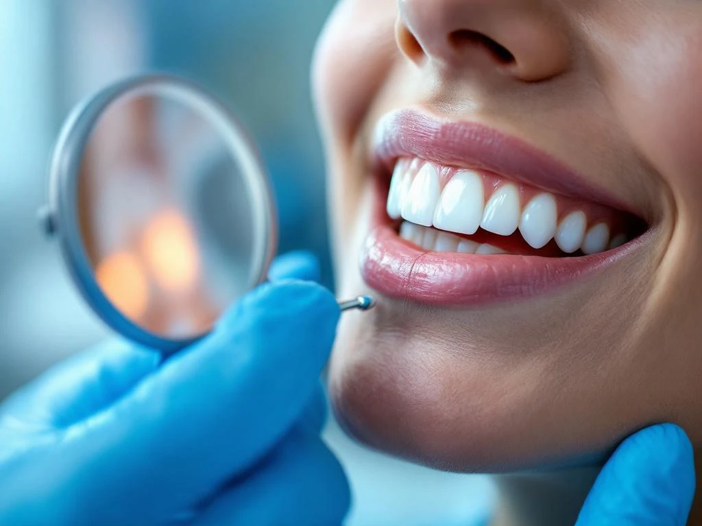 Tandarts onderzoekt helderwitte tanden van patiënt met spiegeltje in steriele tandheelkundige kliniek