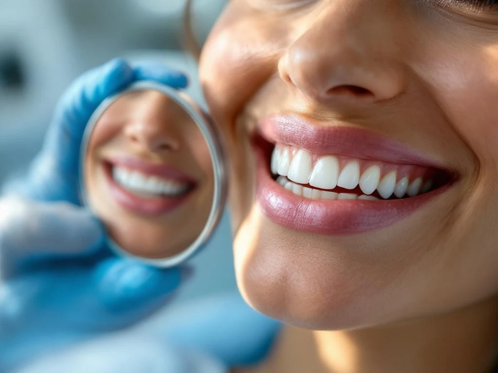 Stralende witte tanden en glimlach tijdens tandheelkundige controle met tandartsspiegel in moderne praktijk