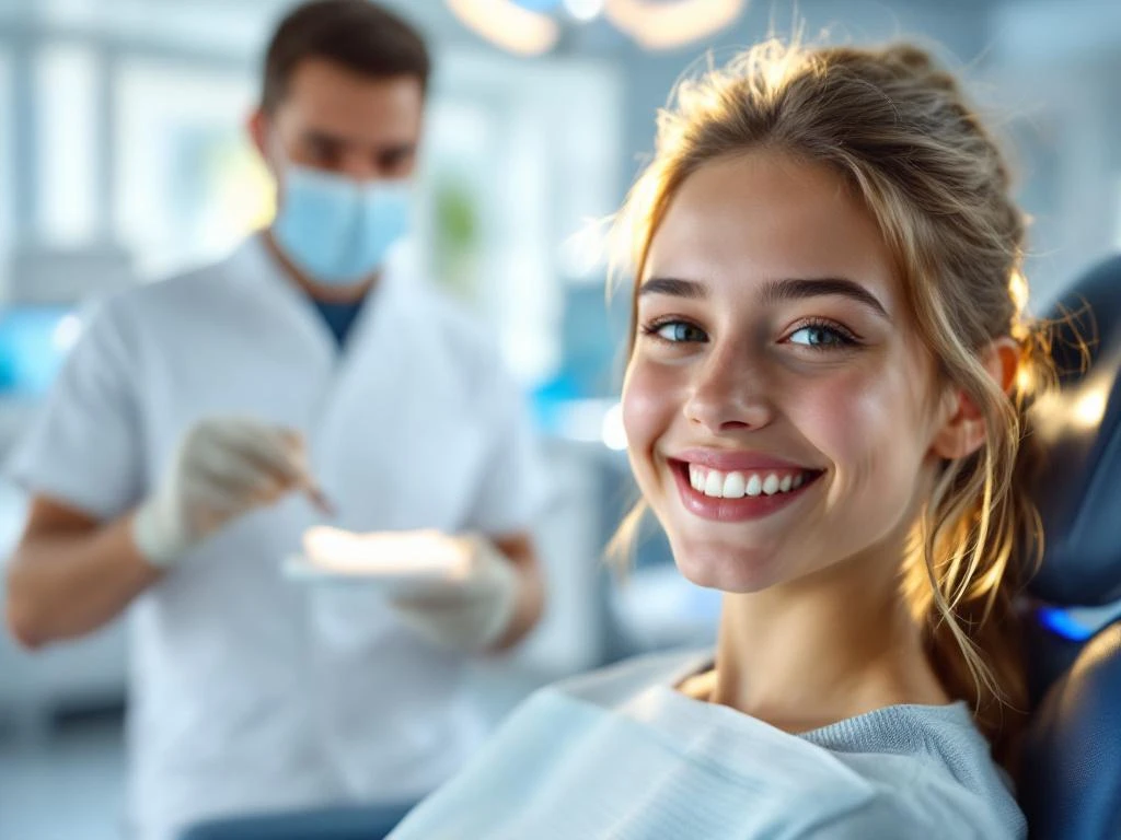 Tiener met stralende witte glimlach in tandartsstoel, tandarts op achtergrond met bleekmiddel in moderne praktijk