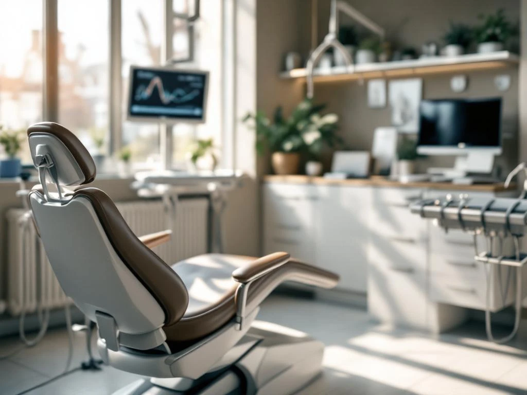 Moderne tandartsstoel in luxe tandartspraktijk met professionele apparatuur en natuurlijk licht door Amsterdamse ramen