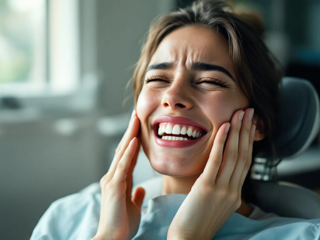 Persoon met tandblekingstrap houdt hand tegen wang vanwege ongemak in tandartsstoel