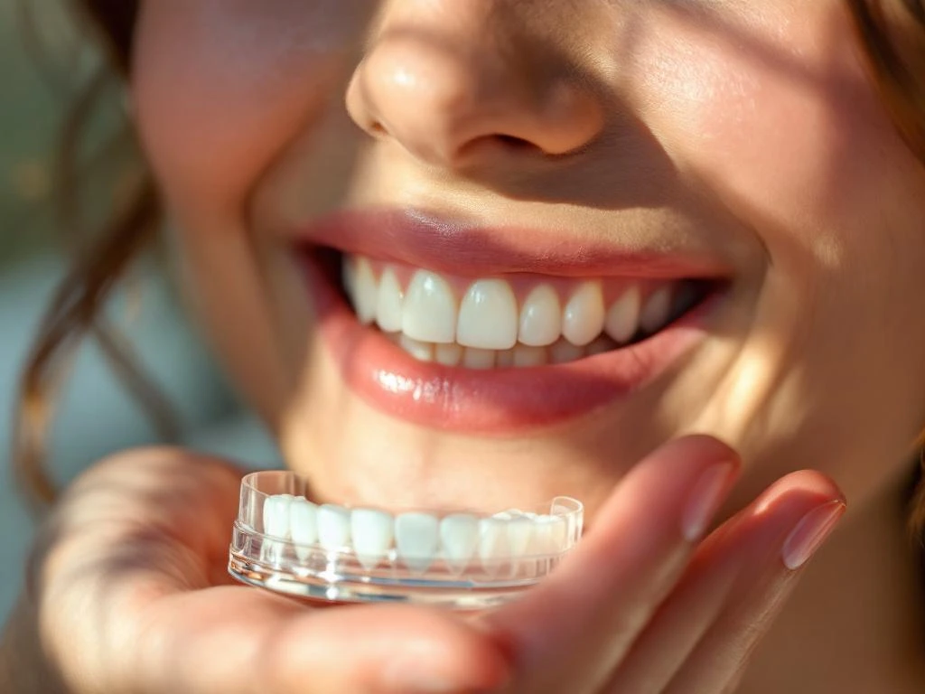 Persoon met stralend witte glimlach houdt professionele tandenbleekkitje vast in natuurlijk licht
