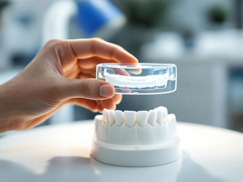 Tandarts houdt professionele tandenblekingsmal met gel boven tandmodel in moderne tandartspraktijk