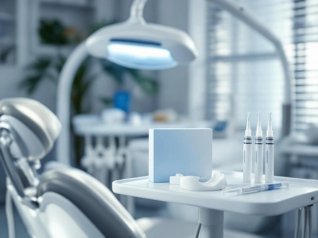 Tandartsstoel met professionele whitening apparatuur en thuisbleekset op medische tafel in moderne tandartspraktijk