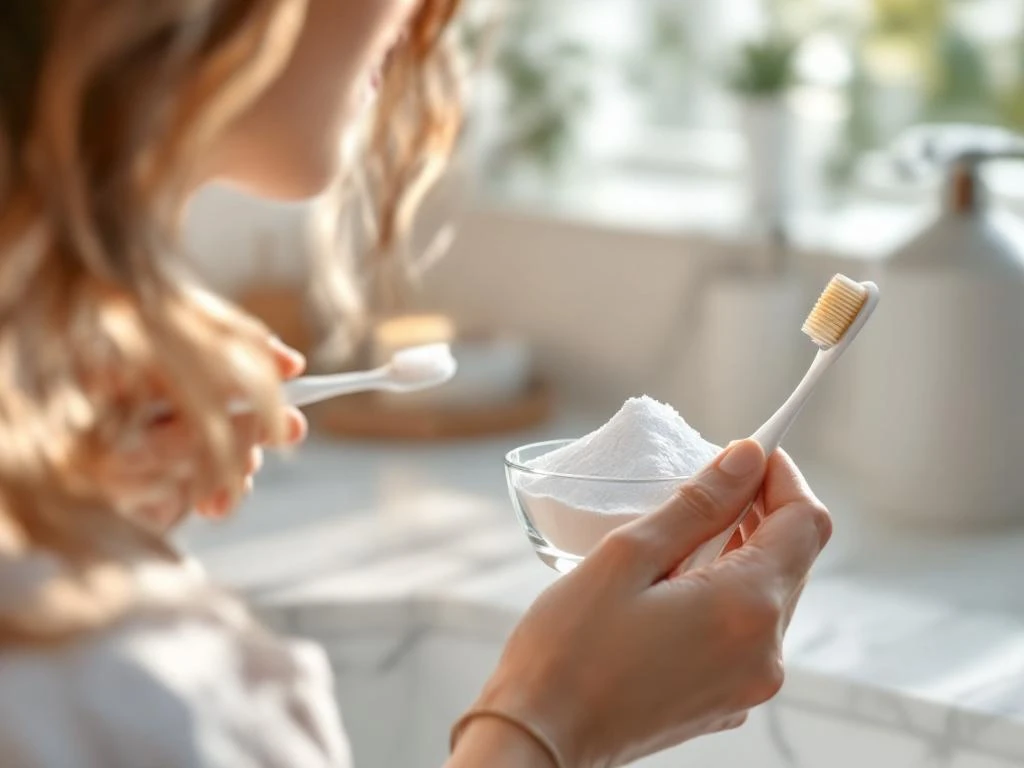 Handen houden witte tandenborstel met natuur borstels naast bakpoeder kom, glimlach op achtergrond, marmeren badkamer aanrecht