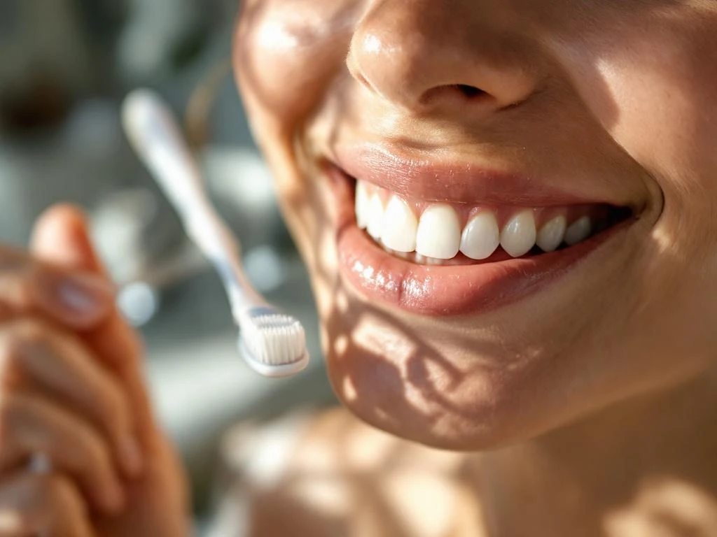 Persoon met witte tanden houdt tandenborstel vast, lacht in badkamer met natuurlijk licht en marmeren aanrecht