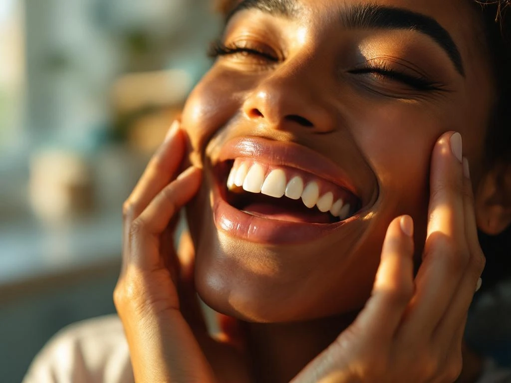 Persoon lacht stralend met hand op wang in tandartspraktijk, warme belichting benadrukt witte tanden en natuurlijke vreugde