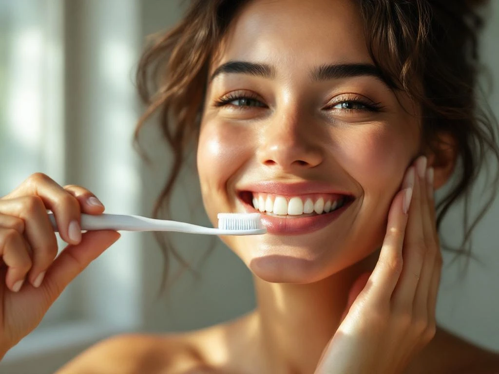 Persoon met gezonde witte tanden houdt tandenborstel en whitening tandpasta vast in lichte badkamer