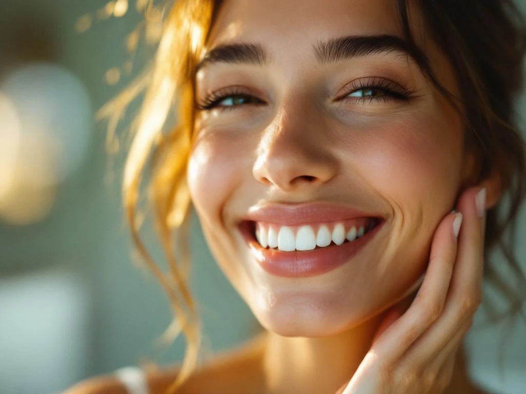 Persoon met stralende witte glimlach houdt tandenborstel vast in badkamer met warme verlichting voor mondverzorging