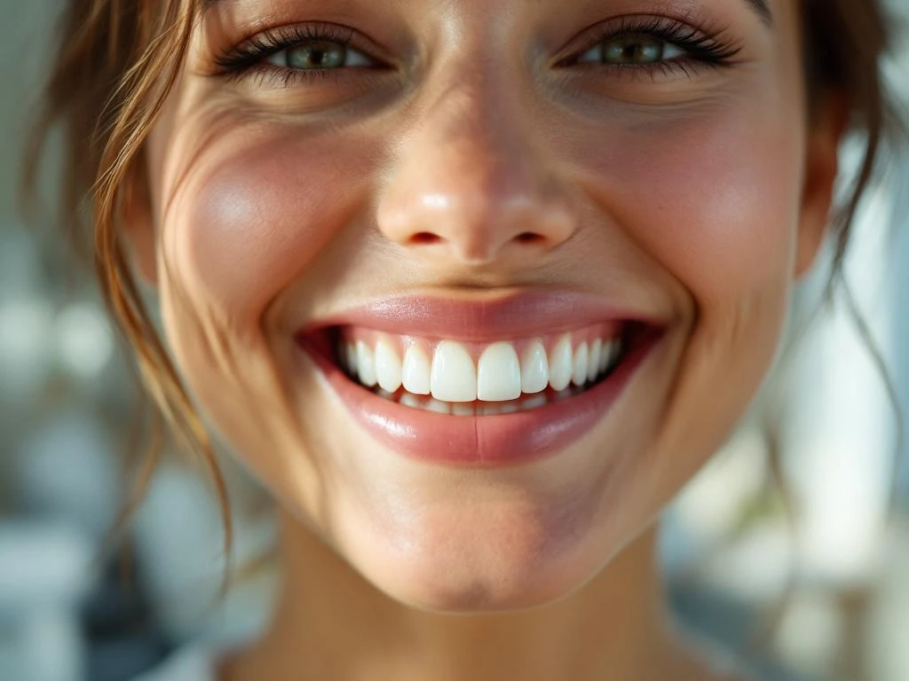 Persoon met stralende witte glimlach in moderne tandartspraktijk met natuurlijke verlichting