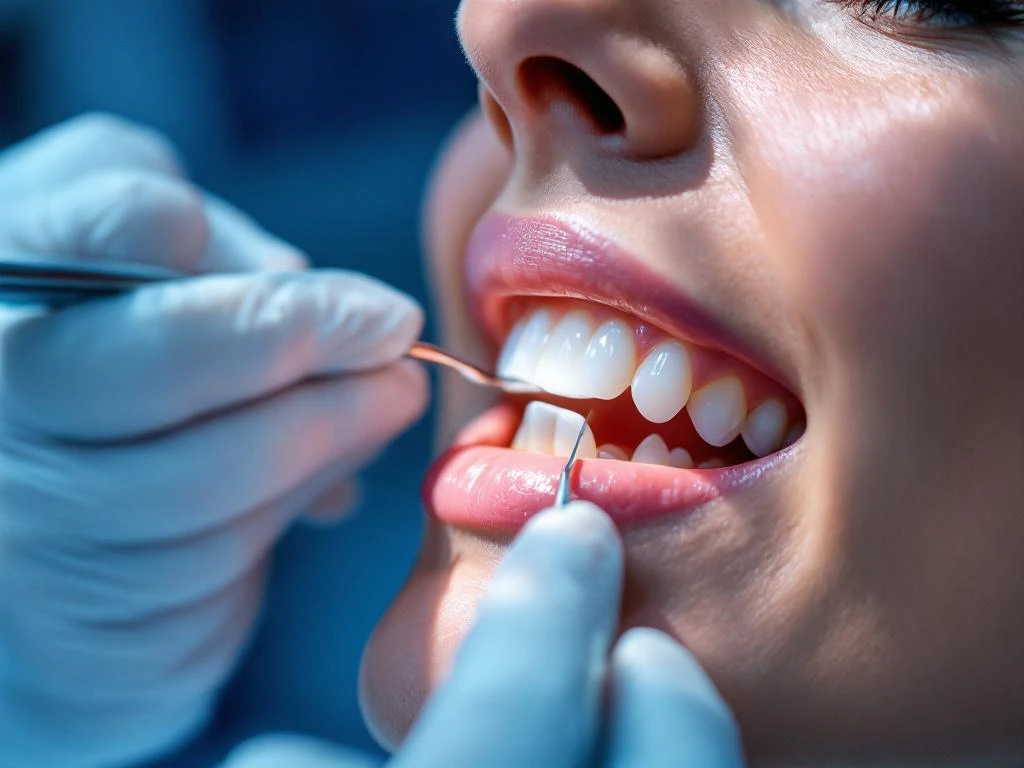 Tandarts plaatst keramische veneer op voortand van patiënt tijdens cosmetische tandheelkundige behandeling