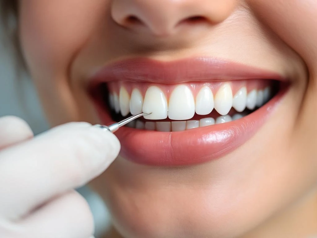 Tandarts onderzoekt witte tanden van glimlachende patiënt met dentaal instrument in steriele kliniek