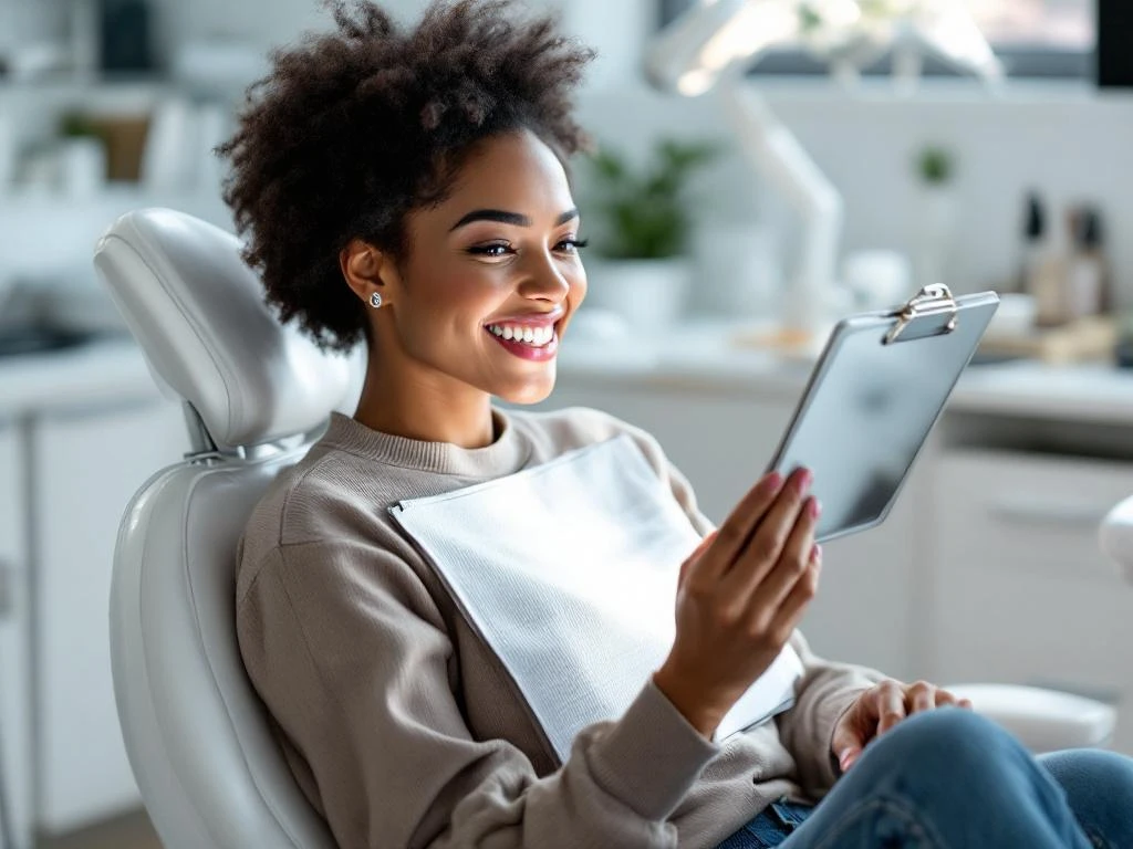 Persoon in tandartsstoel onderzoekt tanden met spiegeltje, checklist op klembord, moderne tandartspraktijk