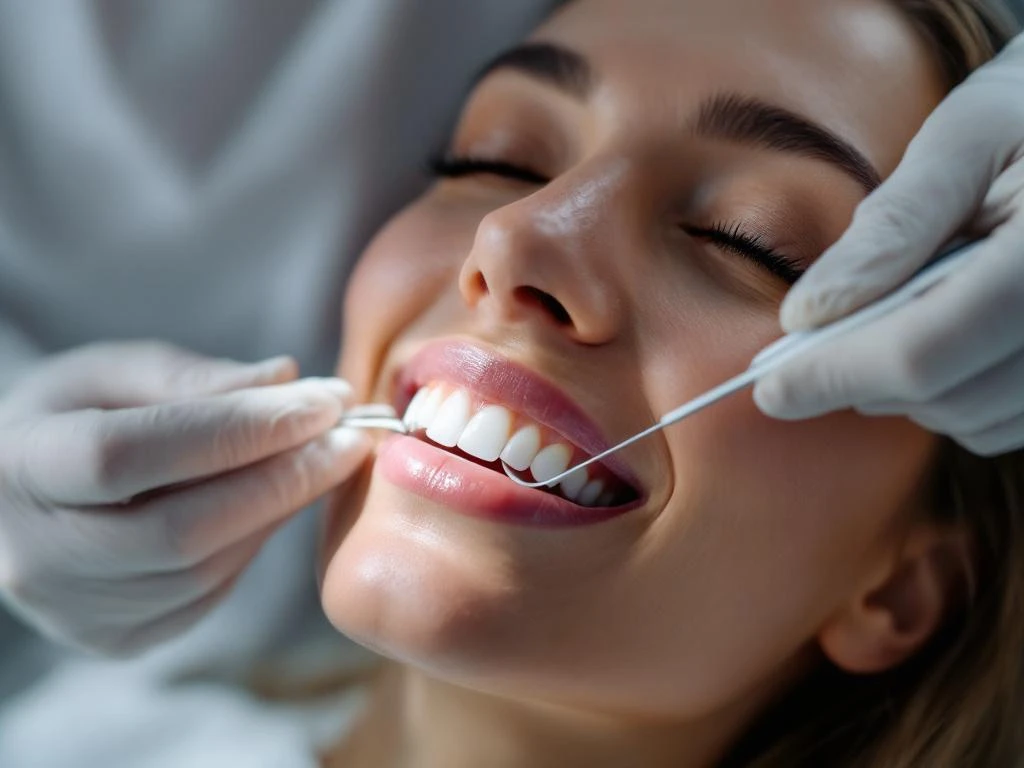 Tandarts plaatst porseleinen veneer op voortand van ontspannen patiënt in moderne tandartspraktijk