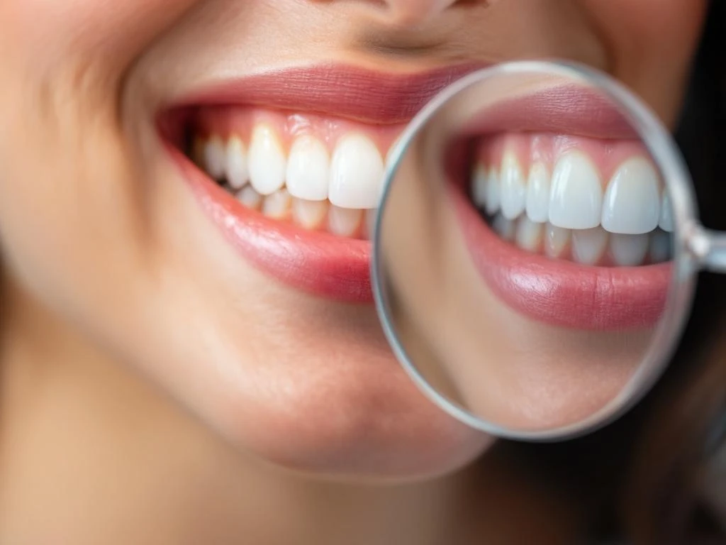 Close-up van glimlach met witte vlekken op tanden en tandenspiegel die gerestaureerd glazuur toont in klinische omgeving