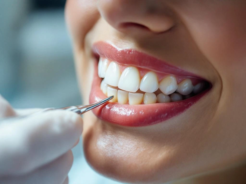 Tandheelkundige veneer wordt precies geplaatst op tandmodel met instrumenten in steriele tandartspraktijk