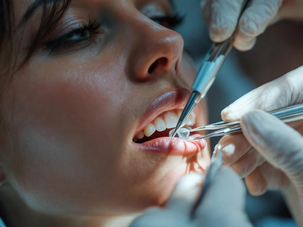 Tandarts verwijdert voorzichtig doorzichtige tandveneers van patiënt met precisie-instrumenten in steriele kliniek