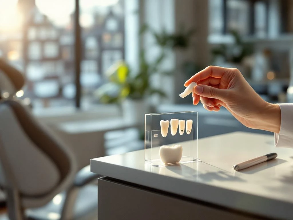 Tandarts houdt porseleinen veneer omhoog in moderne tandartspraktijk Amsterdam met kanaalhuizen op achtergrond