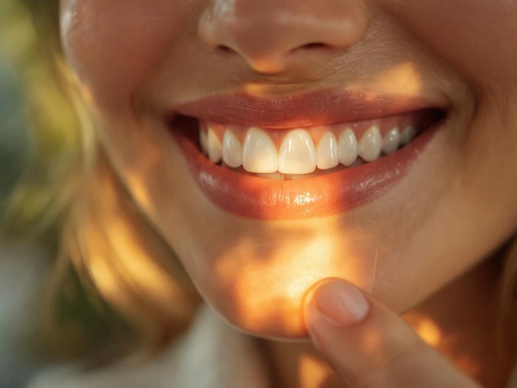 Persoon houdt dunne tandveneer vast met tevreden glimlach, toont witte tanden in warm natuurlijk licht
