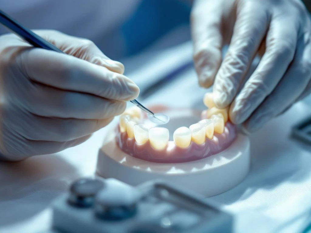 Tandarts plaatst transparante veneers op tandmodel met precisie-instrumenten op steriele witte ondergrond